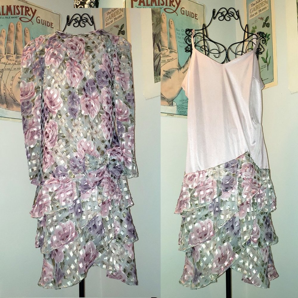 SOLD Vtg 80sGolden Girls Flapper Midi Dress & Blouse Set Silky Frilly Ruffles L